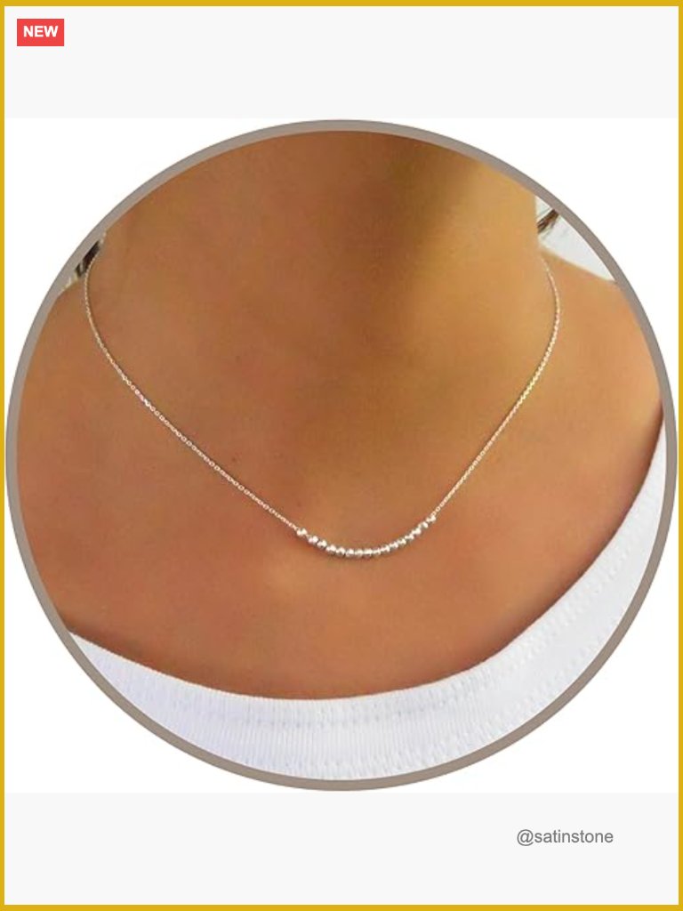 925 Sterling Silver Beaded Bar Necklace, Dainty Short Chain With Silver Beads